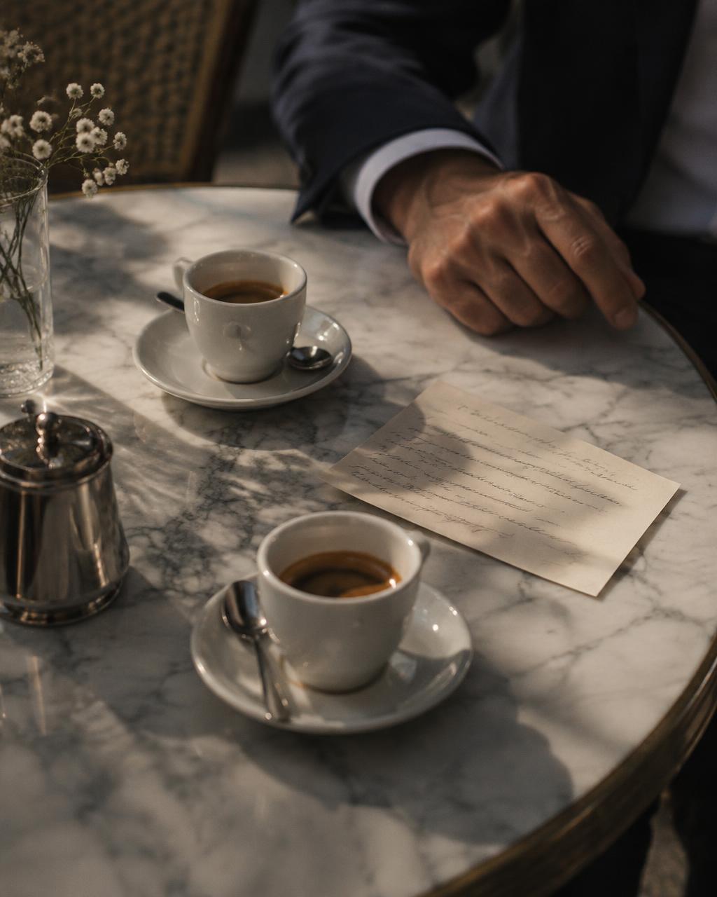 Two espresso cups and a handwritten note